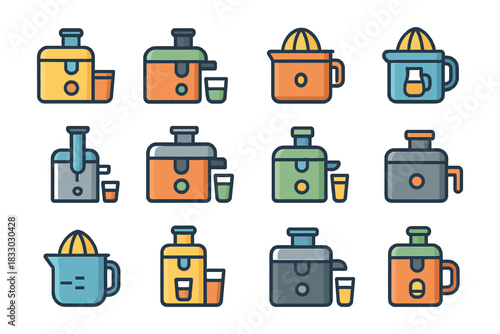 Colorful juicer icons set with various designs and unique styles.