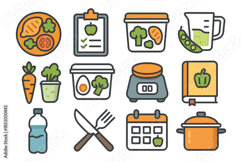Colorful meal prep icons: containers, utensils, and ingredients for healthy cooking.