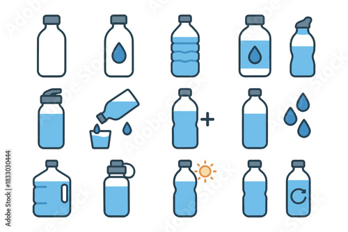 Various styles of water bottles with different designs and water levels.