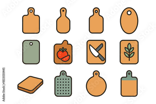 Colorful cutting boards and utensil icons.