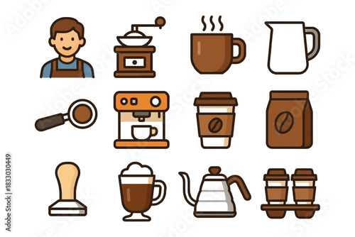Coffee shop icons: barista, coffee grinder, mug, pitcher, espresso machine.