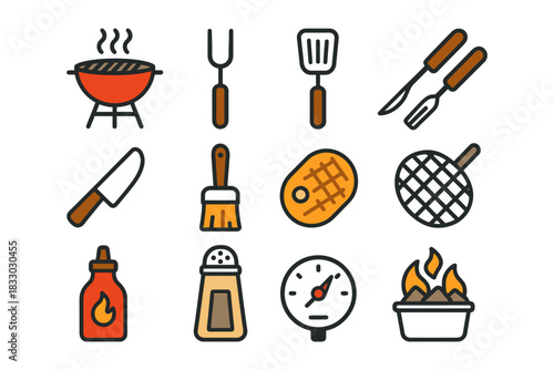 Bbq tools and grilling icons set including grill, fork, spatula, knife, and seasoning.