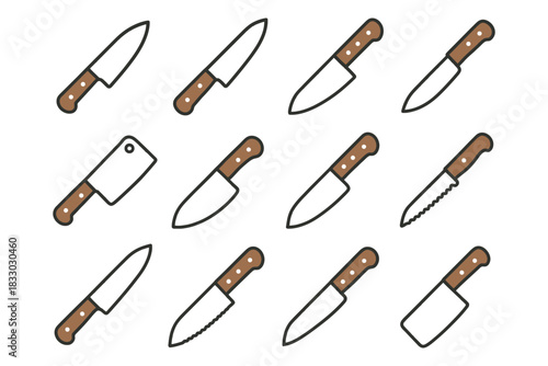 Collection of various kitchen knives with brown handles on white background.