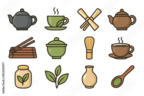 Assorted tea icons featuring teapots, cups, chopsticks, and leaves in a minimalist style.