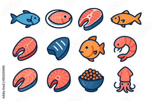 Colorful cartoon seafood icons collection of fish, salmon, shrimp, and squid.