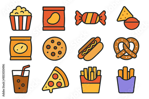 Colorful assorted snack icons: popcorn, chips, candy, hot dog, pretzel, fries, soda.
