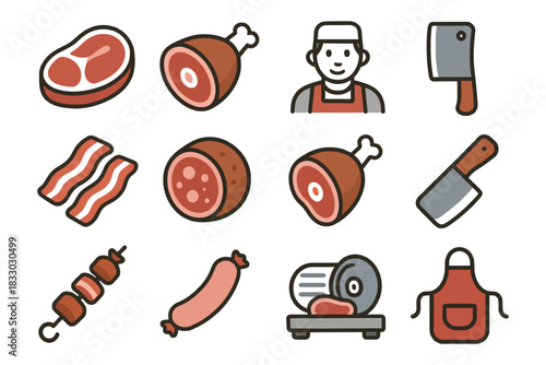 Butchery icons: meat, tools, and butcher character illustrations.