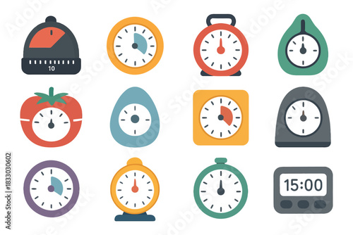 Variety of colorful kitchen timers in various shapes and designs.