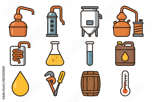 Distillation equipment icons: stills, barrels, thermometer, tools, liquid containers.