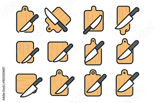 Set of kitchen knives and cutting boards icons for cooking and food preparation.