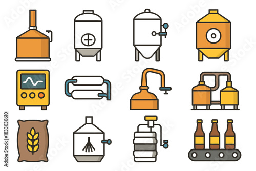 Brewery equipment icons featuring tanks, bottles, and brewing tools.