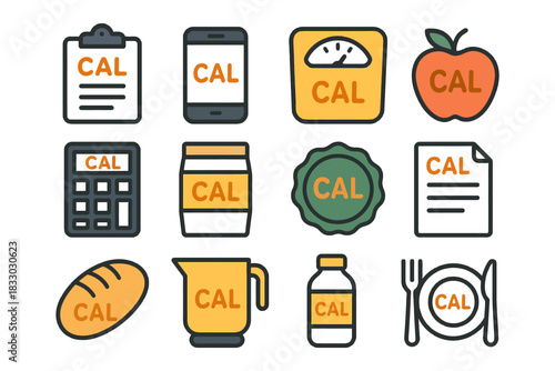 Calorie tracking icons: diet, fitness, and nutrition symbols.