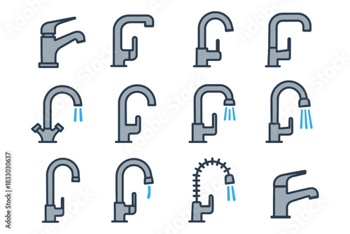 Collection of modern and classic faucet designs with water flow icons.