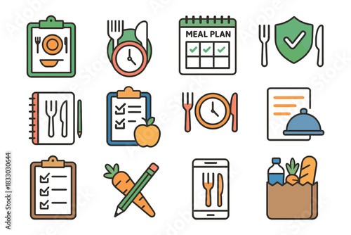 Colorful nutrition icons collection featuring meal plans and tools.