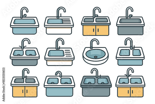 Variety of modern kitchen and bathroom sink designs with faucets.