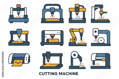 Various cutting machines illustrations: 3d printer, laser, cnc, plotter, robotic arm.