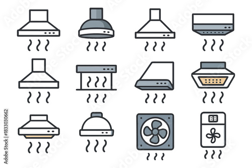 Variety of kitchen vent hoods and fans illustrations.