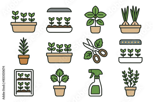 Home gardening icons: plants, tools, and herbs for indoor cultivation.