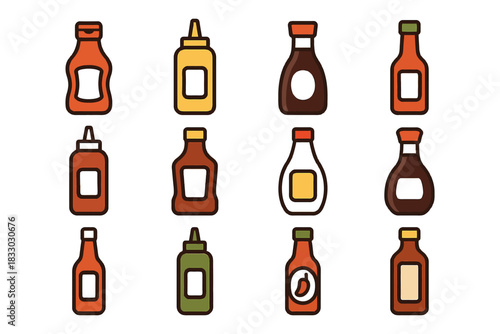 Assorted sauce and condiment bottles in flat style illustration.