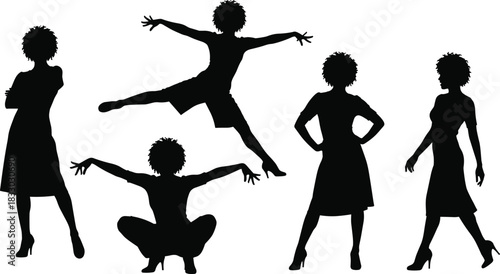 Set of woman silhouettes with afro hair, female figures posing in dress and heels, isolated black vector collection for fashion and lifestyle design.