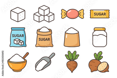 Various forms and sources of sugar: cubes, candy, packets, beet, and cane.