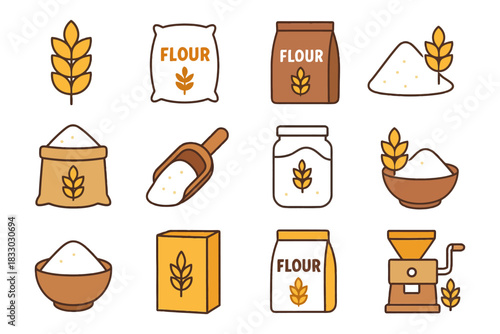 Various flour packaging and utensils including grinder, bowl, and scoop.