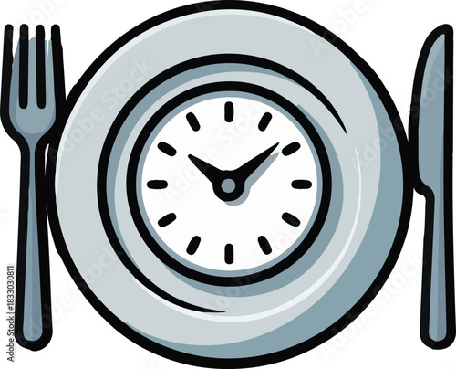 Mealtime vector icon showing a dinner plate with a clock and cutlery representing eating schedules and diet management