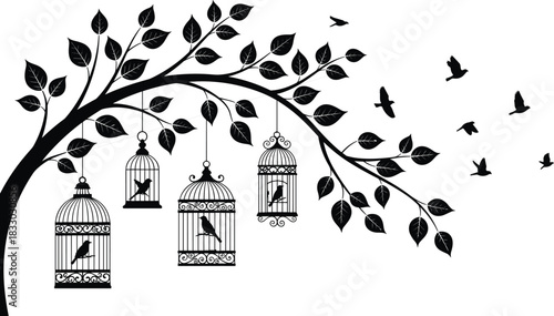 Silhouette of tree branch with hanging vintage birdcages and free-flying birds symbolizing freedom, captivity, and nature.
