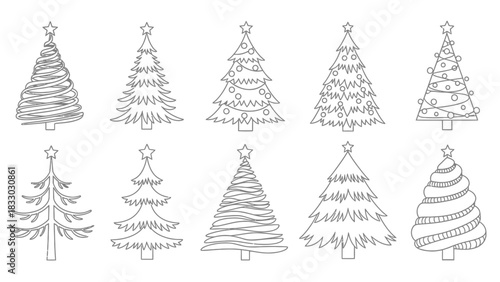 Christmas tree silhouette clipart set. Black Christmas tree drawing clip art collection in white background for xmas season pine tree flat icon decoration vector 