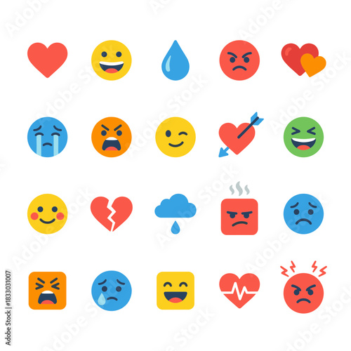 Flat vector icons set of colorful emotional faces and mood symbols expressing feelings like love, anger, joy, and sadness, perfect for social media, psychology, and mental health themes.