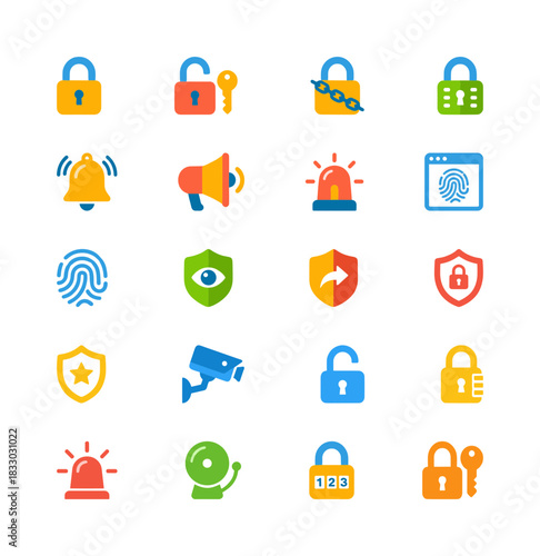 Flat vector icons set of colorful security, protection, and safety elements including locks, alarms, and surveillance tools, suitable for digital defense and physical safeguarding concepts.