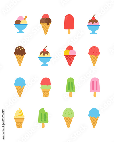 Collection of flat vector icons set of colorful delicious ice cream, popsicles, and frozen dessert treats in cone and cup, perfect for summer menus, sweet cravings, and refreshment visuals.