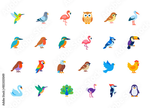 Flat vector icons set of colorful different bird species including hummingbird, flamingo, penguin, and owl in nature, representing wildlife, ornithology, and various fauna on white.