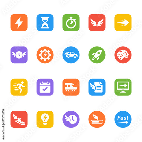 Flat square rounded vector icons set of colorful symbols representing speed, time, progress, and quickness with movement, ideal for transportation, efficiency, and swift service concepts.