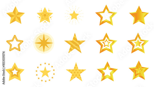 A decorative set of golden star icons featuring various shapes, outlines, sparkles, and textured designs. Perfect for holiday graphics, awards, celebration themes, stickers, badges, and digital illust
