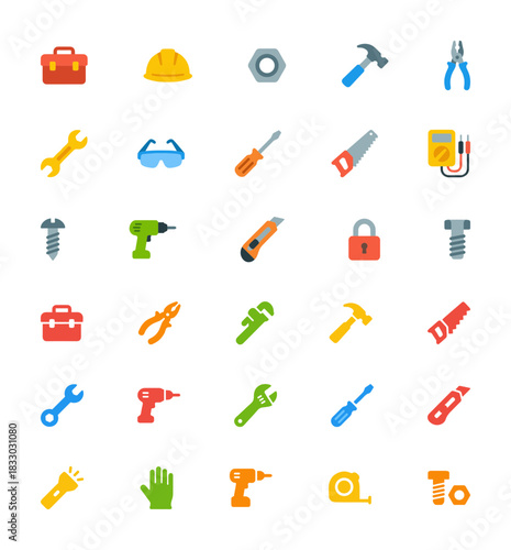 Flat vector icons set of colorful construction, maintenance, repair, and handy workshop tools and equipment elements for manual work, building, and fixing things on a clean white background.