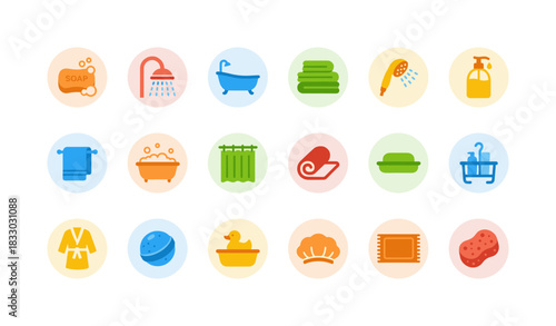 Flat round vector icons set of colorful bath, shower, hygiene, and spa elements for personal care and complete bathroom amenities, with circular background elements on white.