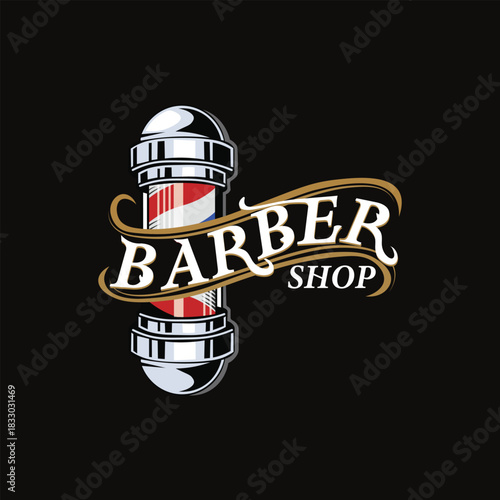 Barber badge design. Hipster barbershop logo icon design with a pole, red, and blue. Classic, retro, and vintage barbershop logo vector.