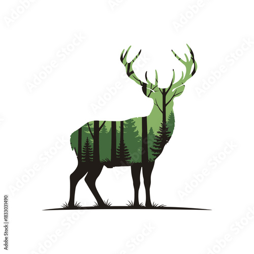 Double Exposure Deer Silhouette with Forest Landscape Vector