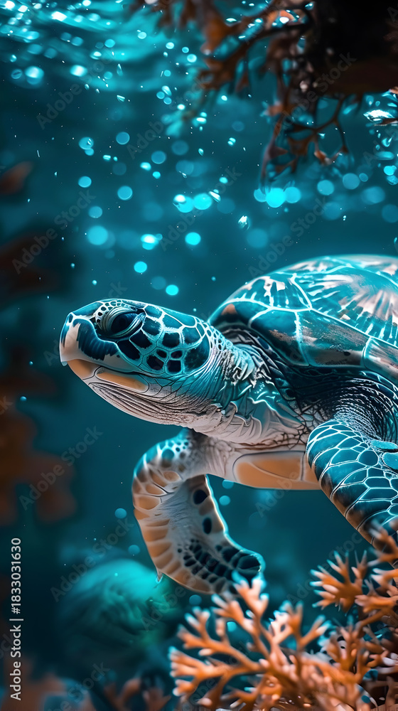 Fototapeta premium Sea Turtle Swimming Gracefully Through Clear Ocean Water