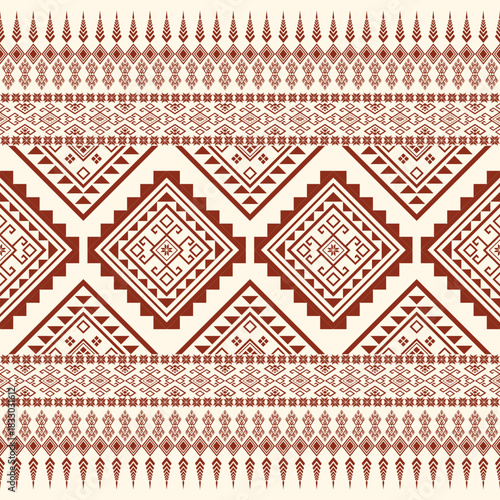 Traditional tribal Khit geometric pattern border. Rustic reddish-brown motif on cream background. Southeast Asian woven textile panel.