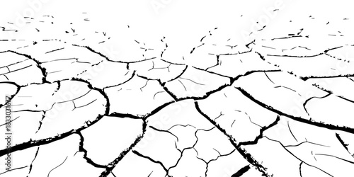 High-contrast cracked earth texture in black and white, showing dry, fractured soil patterns. Ideal for backgrounds, environmental concepts, drought themes, and vector texture design.