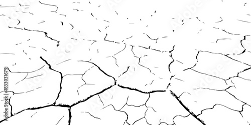 High-contrast cracked earth texture in black and white, showing dry, fractured soil patterns. Ideal for backgrounds, environmental concepts, drought themes, and vector texture design.