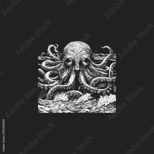 A terrifying, giant octopus or kraken emerging from the dark, stormy ocean waters, surrounded by crashing waves. Hand-drawn vintage engraving style vector illustration