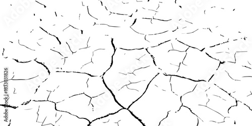 High-contrast cracked earth texture in black and white, showing dry, fractured soil patterns. Ideal for backgrounds, environmental concepts, drought themes, and vector texture design.