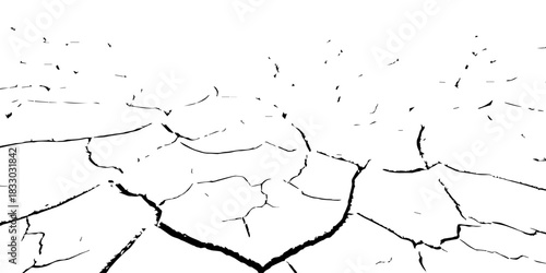High-contrast cracked earth texture in black and white, showing dry, fractured soil patterns. Ideal for backgrounds, environmental concepts, drought themes, and vector texture design.