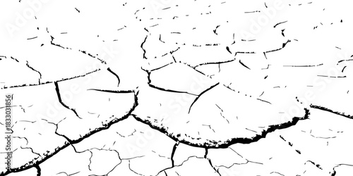 High-contrast cracked earth texture in black and white, showing dry, fractured soil patterns. Ideal for backgrounds, environmental concepts, drought themes, and vector texture design.