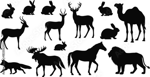 PrintSilhouette of wild animals vector illustration set, including deer horse lion rabbit camel and fox collection, isolated on white background, nature zoo concept.