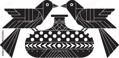 Twin Folk Birds with Decorative Bowl Emblem for Vintage Art and Logo Design