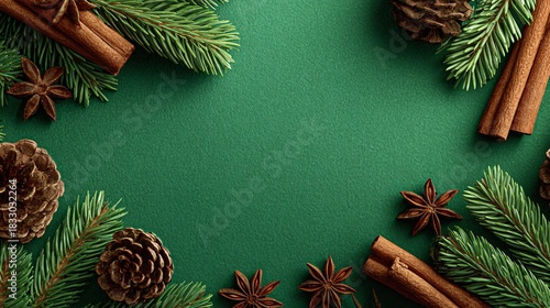 Fototapeta Naklejka Na Ścianę i Meble -  green christmas flat lay with pine cones and spices frame, festive green holiday background with fir and cinnamon, winter christmas background on green textured backdrop